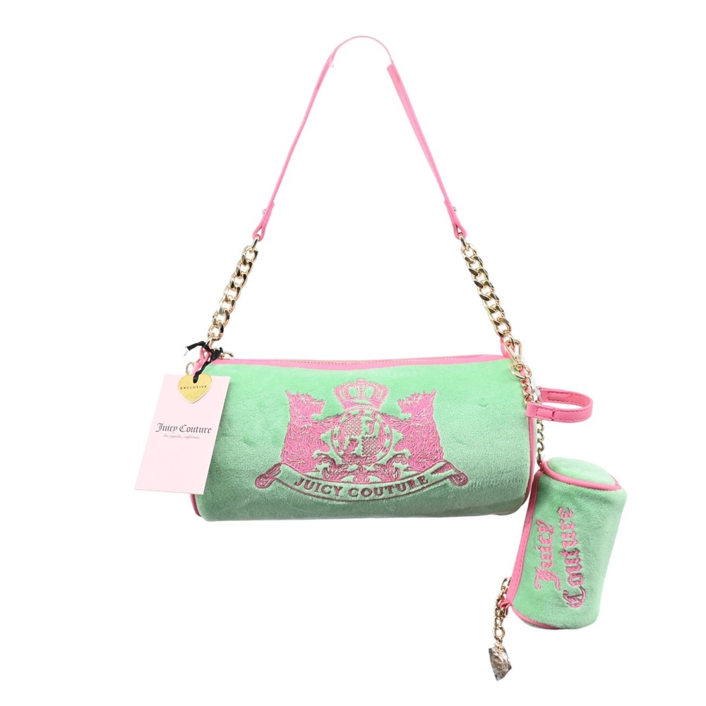 NWT Juicy Couture Retro Velour Barrel Bag Green Pink Y2K Scottie Crest Satchel